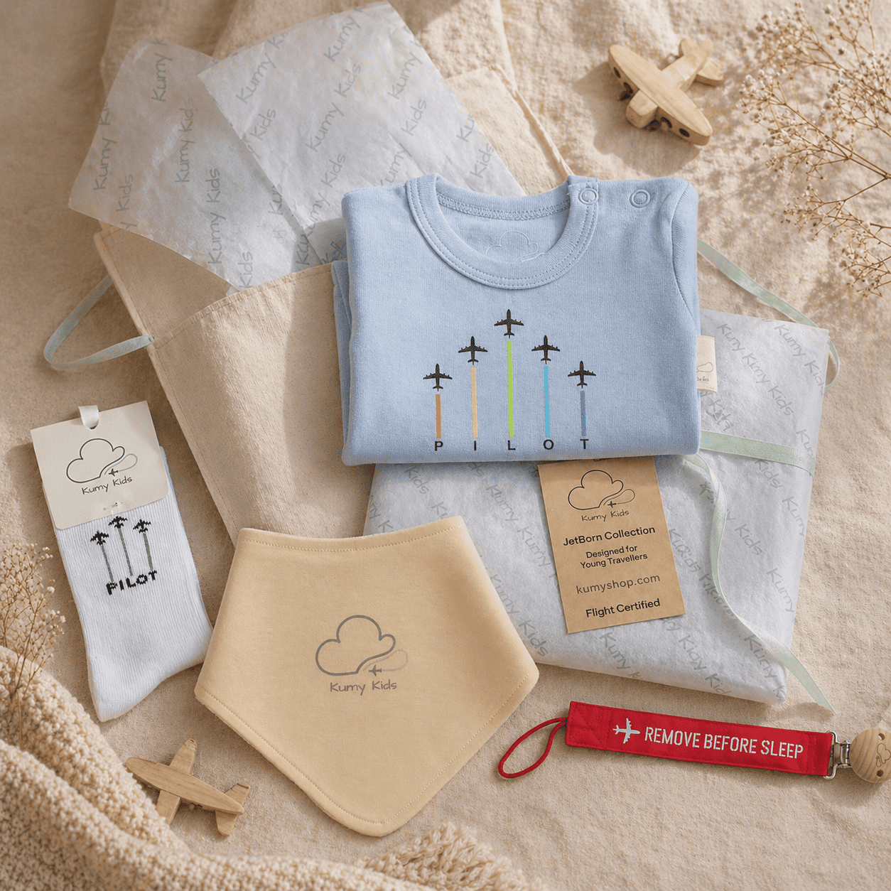 Newborn baby gift set with aviation bodysuit socks and accessories