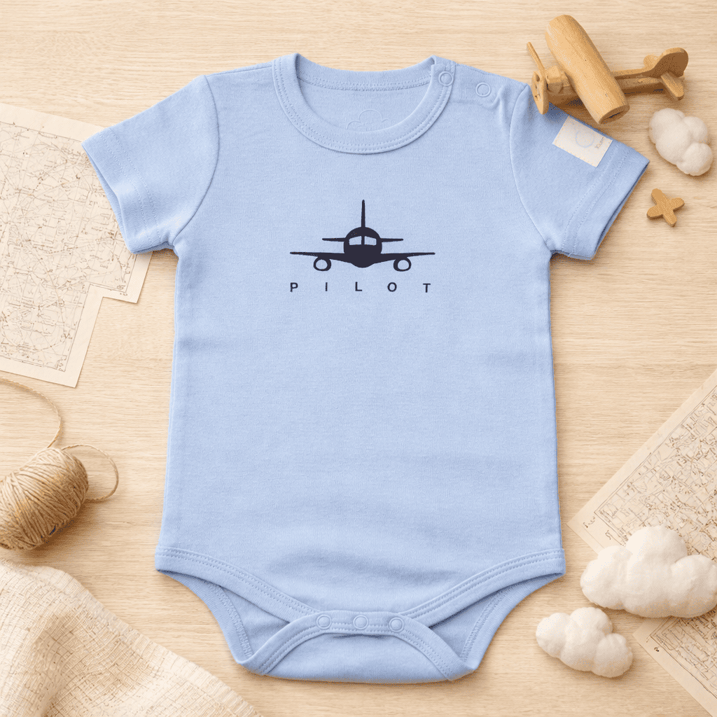 Steel blue short sleeve baby bodysuit with PILOT aviation print